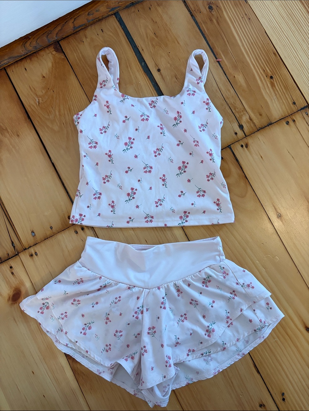 Girls light pink Floral Tank & Skort-Style Shorts